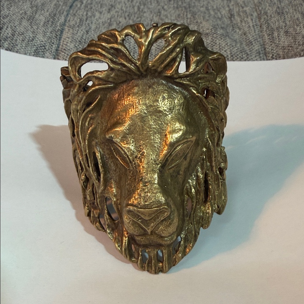 Large Gold Lion Head Brass Cuff Bracelet